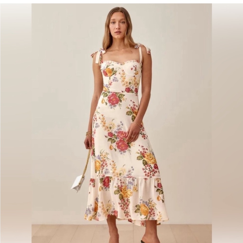 Reformation Cream Floral Tie-Shoulder Midi Dress